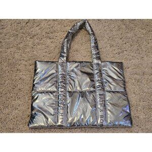Bath & Body Works Silver Metallic Quilted Tote Bag With Inner Lining Puffy